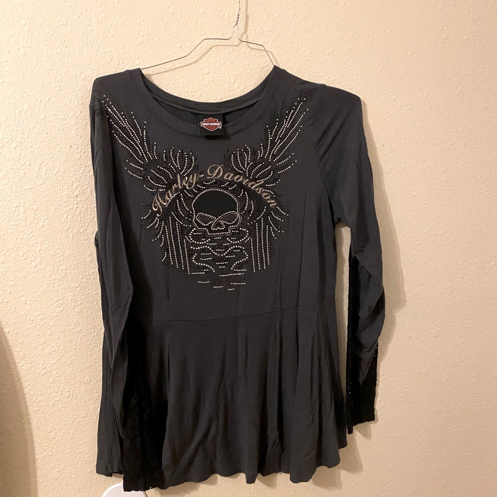 Harley Davidson Womens M Gray Rhinestone Studded Skull Cap Peplum Blouse Top